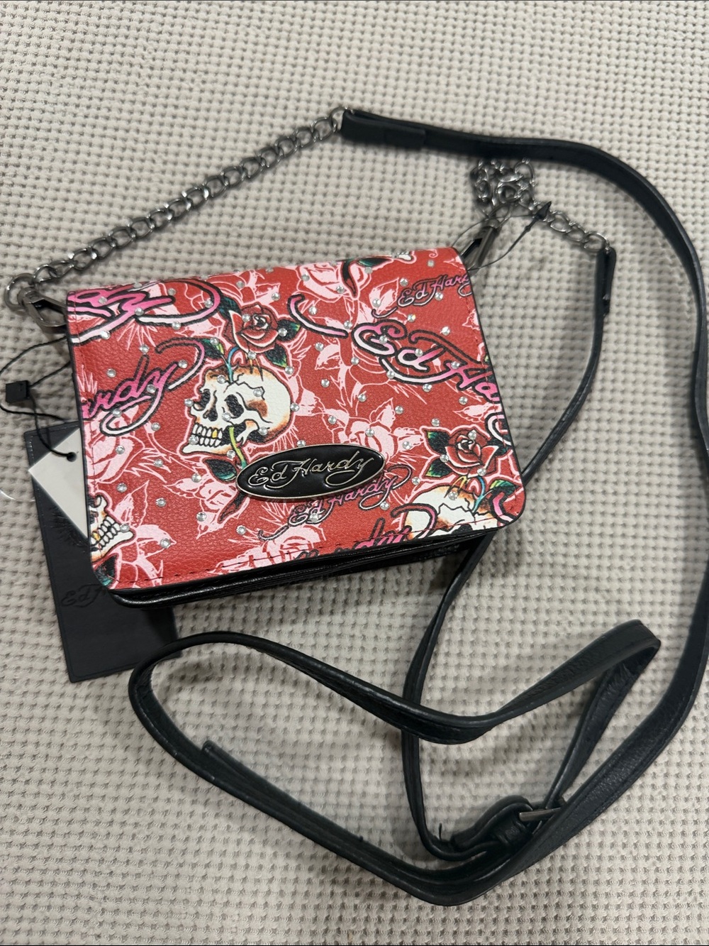 Ed Hardy Red Floral Skull Crossbody Purse with Black Strap